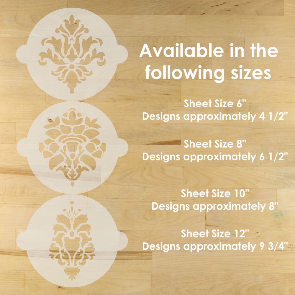 Decorative damask cake stencils with size specifications on a wooden background