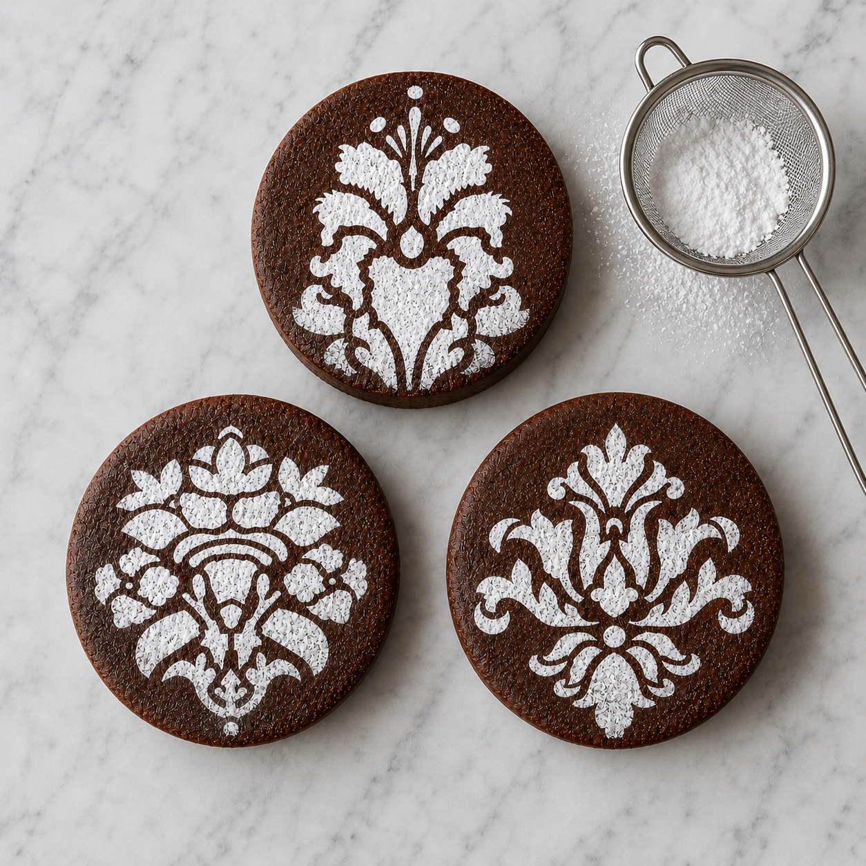 Three chocolate cookies with white decorative patterns on a marble surface, accompanied by a sifter of powdered sugar.