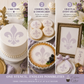 Collage of cake, cookies, pies, cheesecakes, and decor items with Fleur de Lis design using Confection Couture stencils.
