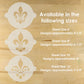 Fleur-de-lis CAKE stencils on a wooden surface with size information.