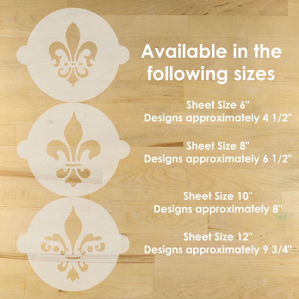 Fleur-de-lis CAKE stencils on a wooden surface with size information.