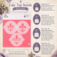 Cake top stencils with sizing information on a decorative background
