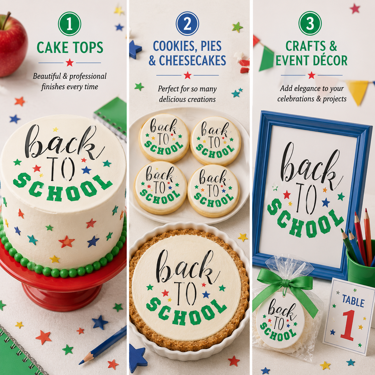 Back to school-themed products including cake, cookies, and decor items.