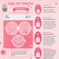 Cake top stencils with sizing information on a pink background