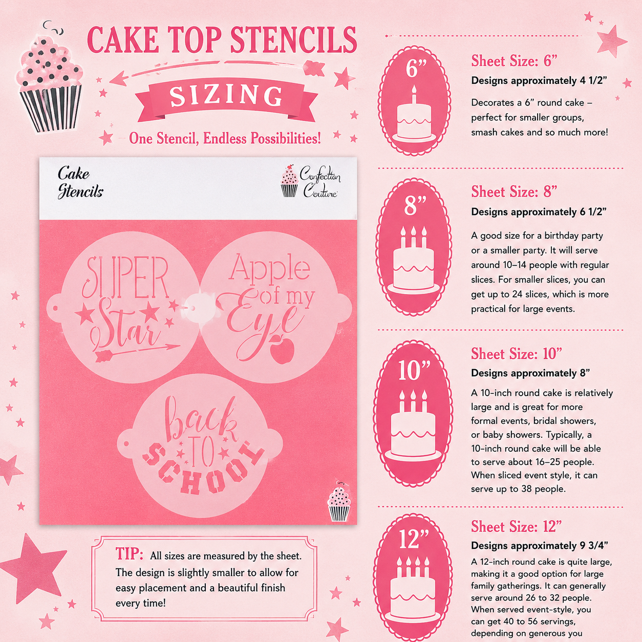 Cake top stencils with sizing information on a pink background