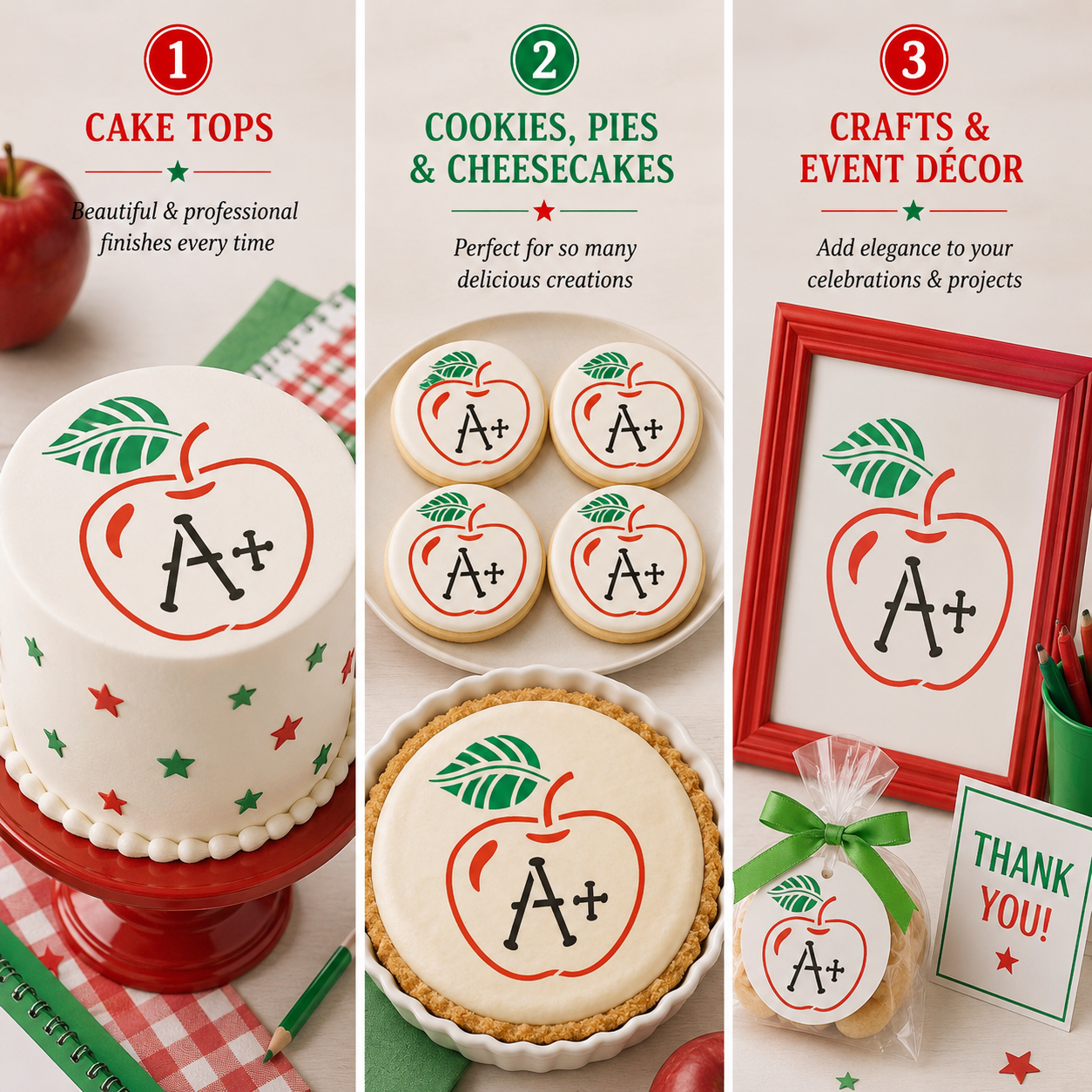Collection of apple-themed back to school products including a cake, cookies, pies, cheesecakes, and event decor with 'A+' design.