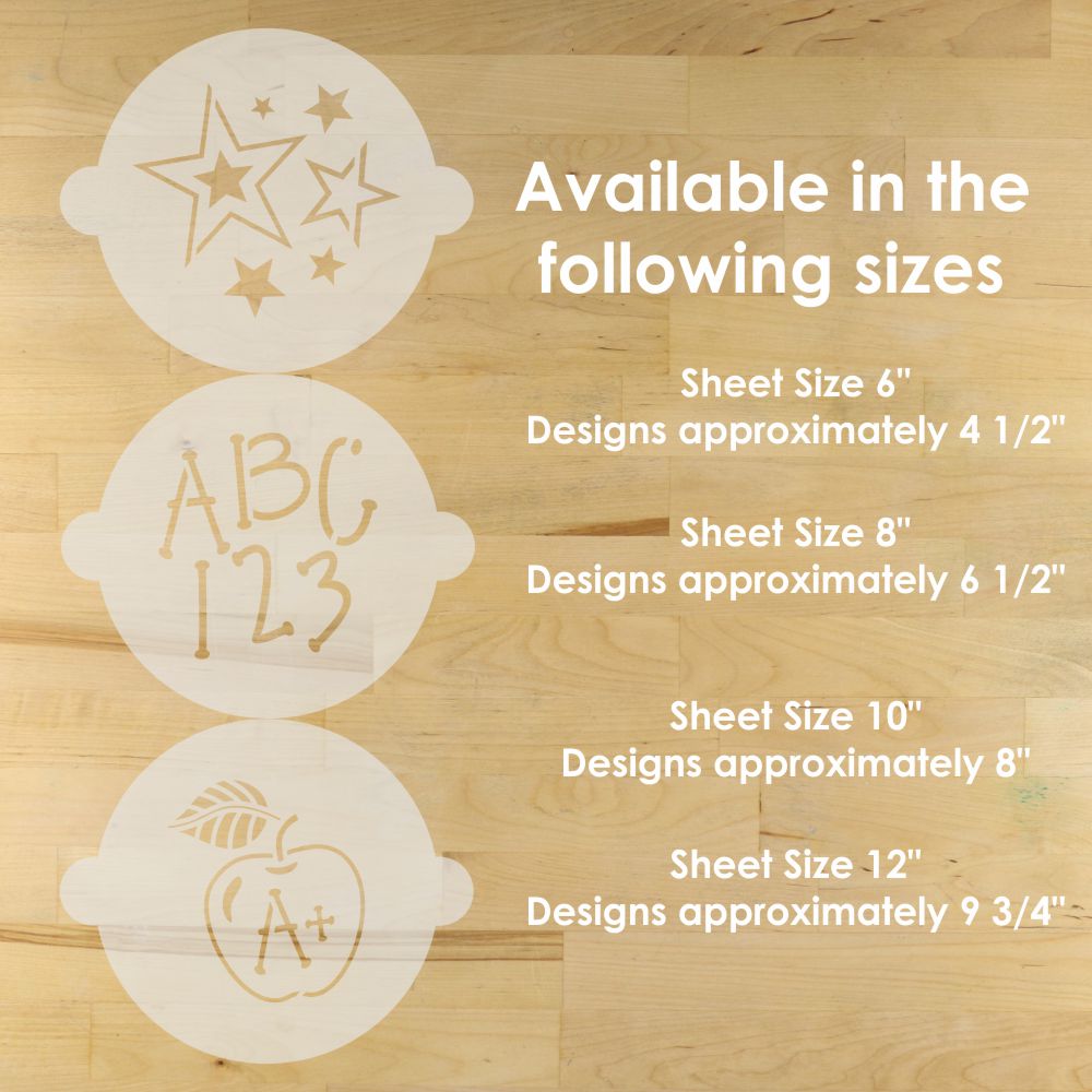 Reusable back to school stencils with letter and number designs on a wooden surface, showing size availability.