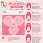 Cake top stencils with sizing chart on a pink background
