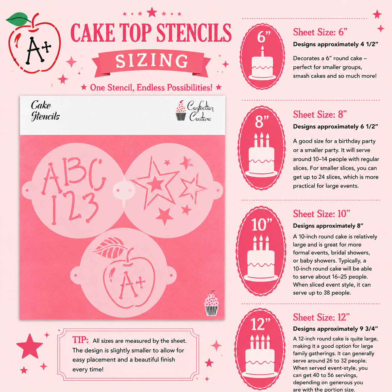 Cake top stencils with sizing chart on a pink background