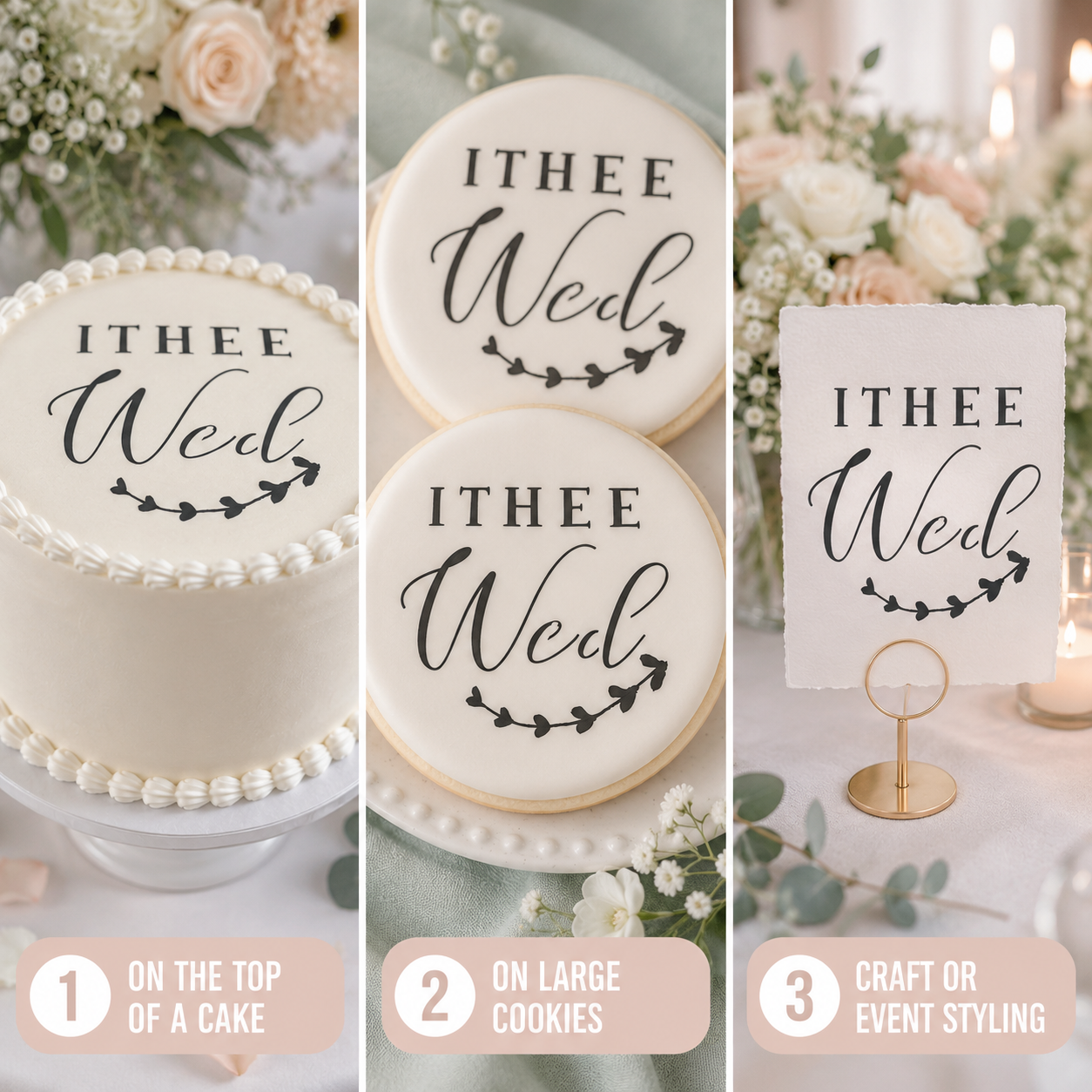 3-image sequence showing different ways to use the reusable wedding cake stencil tops