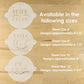 Three stencils with text 'BRIDE & GROOM', 'I THEE WEED', and 'MR. MRS.' on a wooden surface with size information.