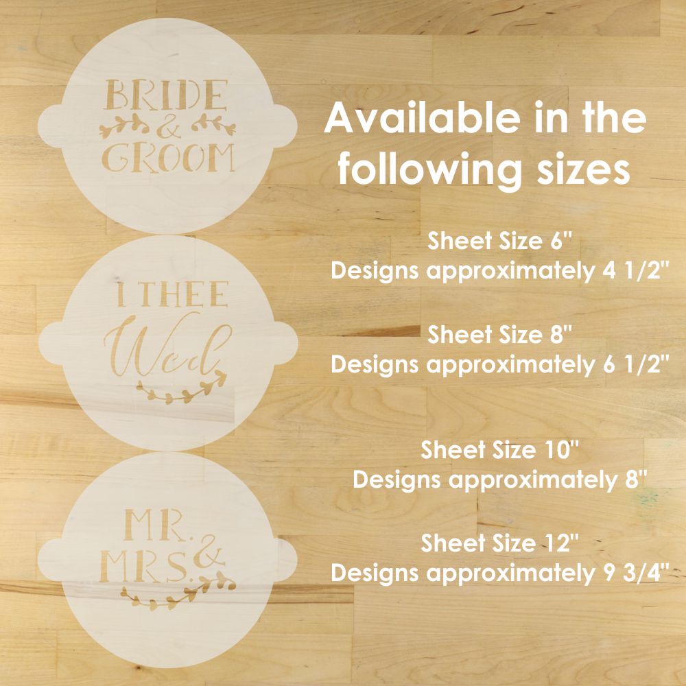 Three stencils with text 'BRIDE & GROOM', 'I THEE WEED', and 'MR. MRS.' on a wooden surface with size information.