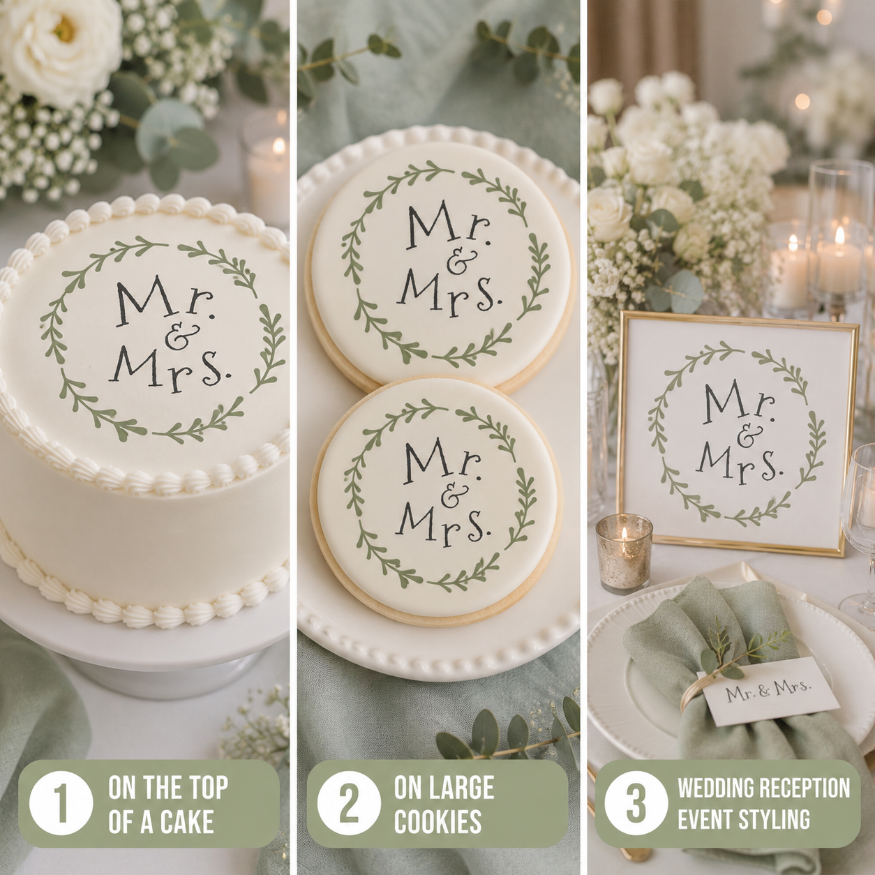 Decorative cakes and cookies with 'Mr. & Mrs.' text on a wedding-themed setting.