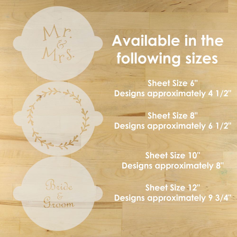 Three round wedding cake stencils with text on a wooden surface, displaying size information.