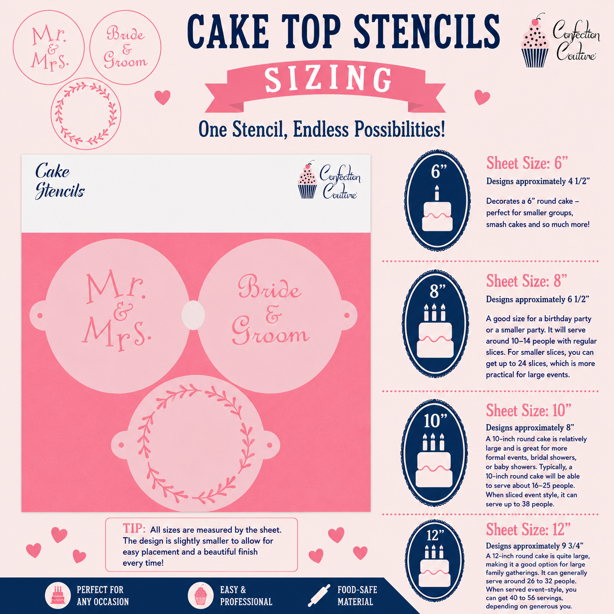 Round Cake top stencils sizing chart with 'Mr. & Mrs.' design on a pink background