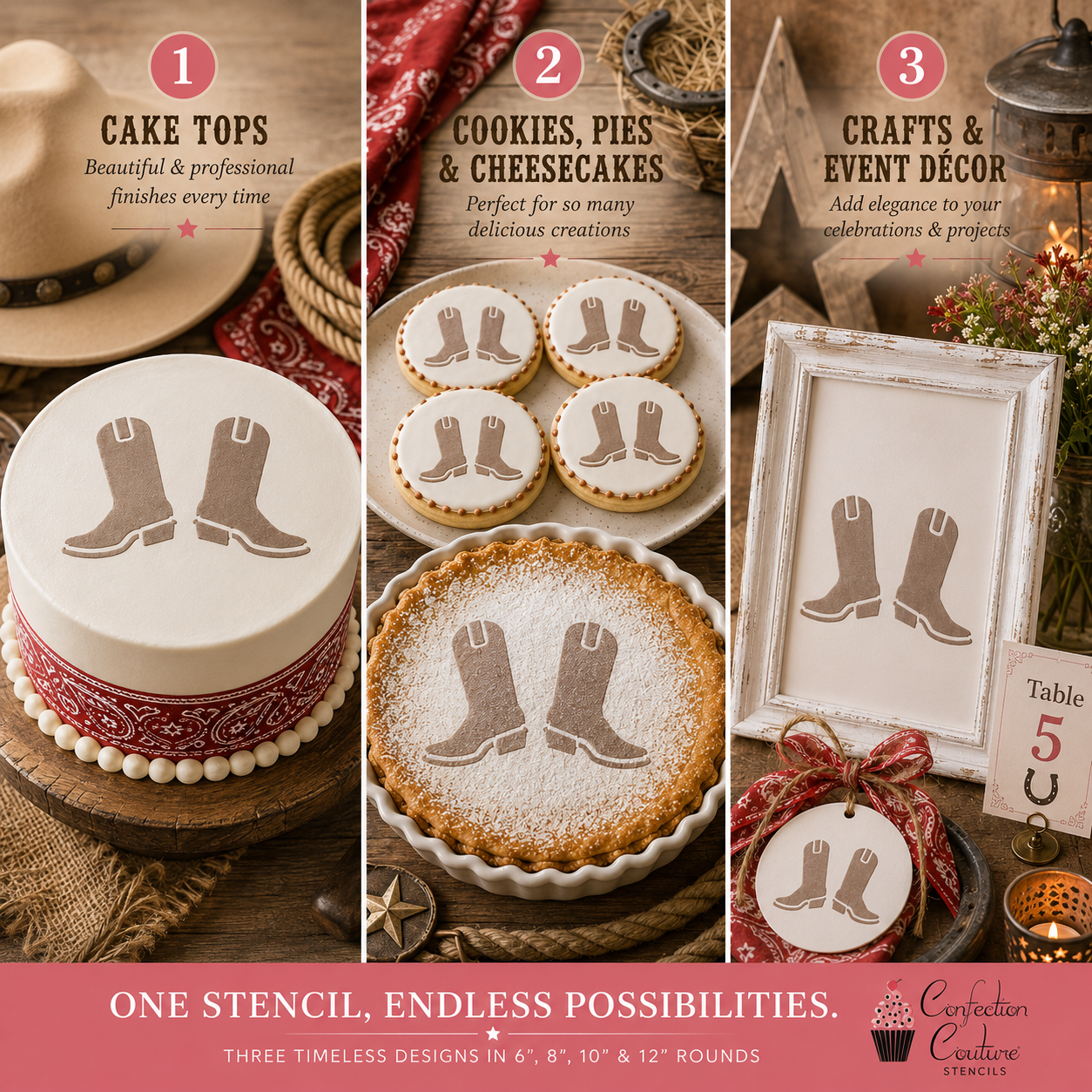 Collage of cake, cookies, pies, cheesecakes, and decor items with cowboy boot stencils.