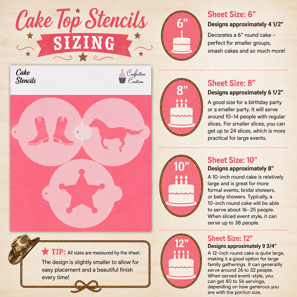 Cake Top Stencils Sizing chart with cake illustrations and text on a beige background