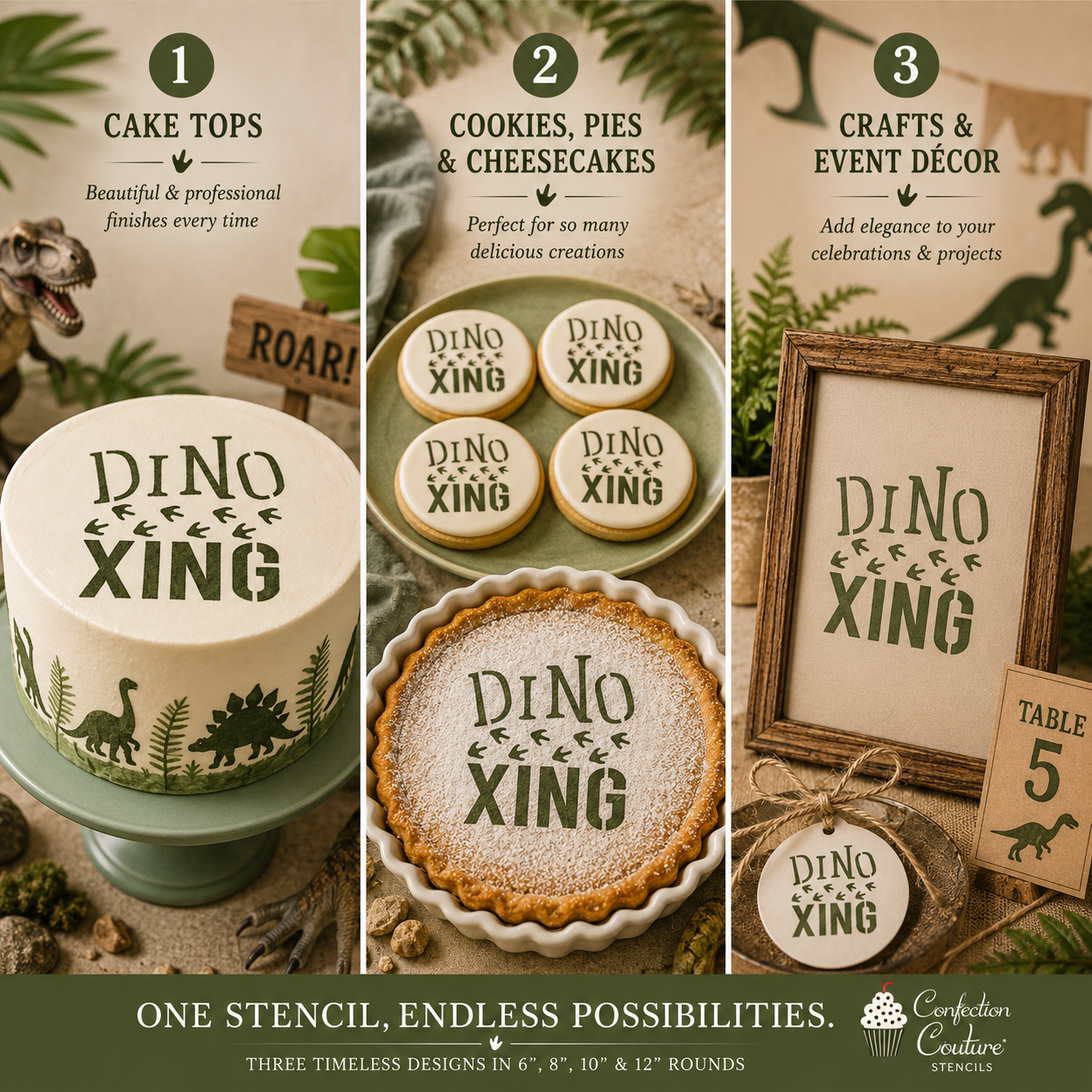 Dinosaur-themed cake, cookies, pie, and decor items with 'DINO XING' text.