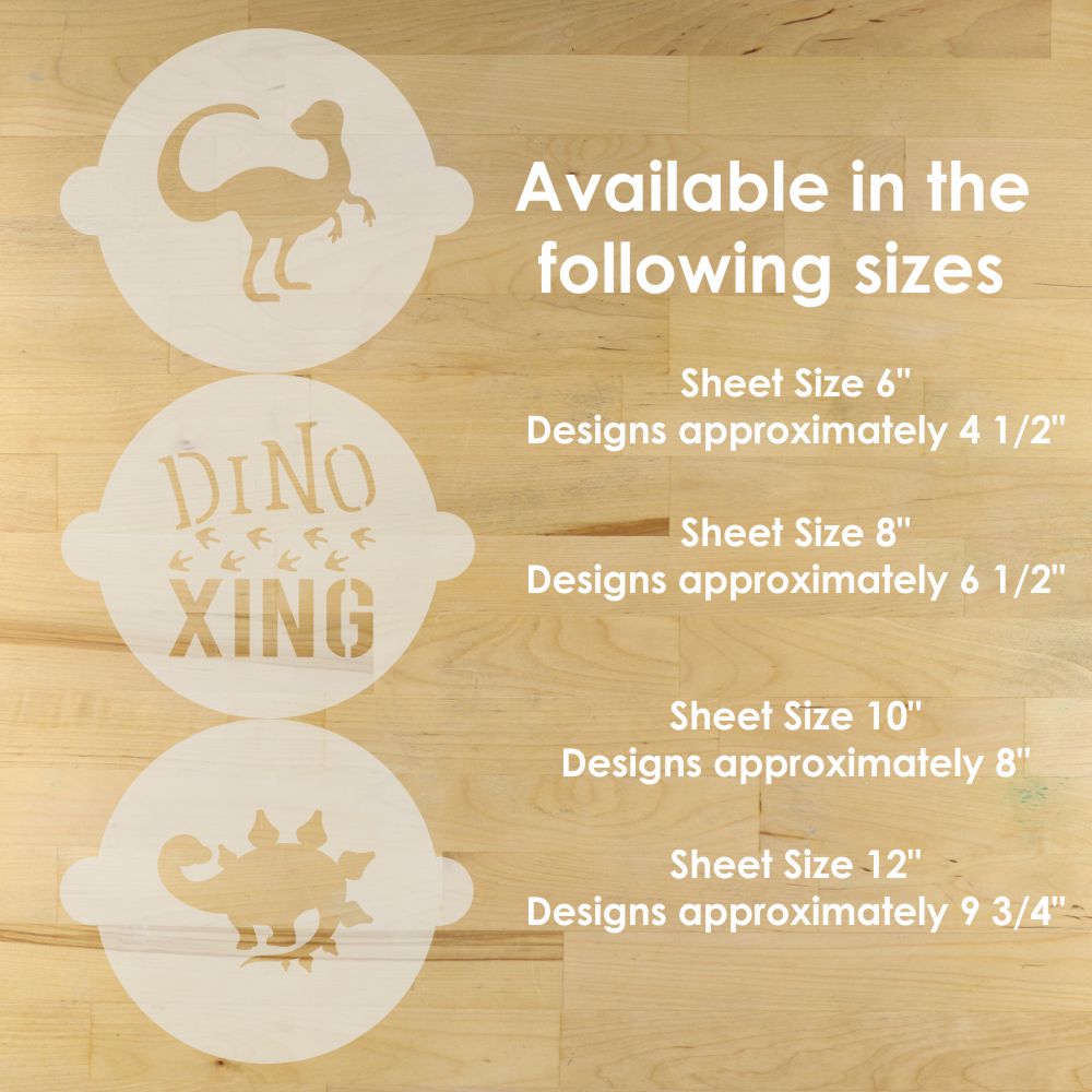 Three CAKE stencils with dinosaur designs on a wooden surface, showing different sheet sizes and design dimensions.