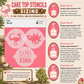 Cake top stencils with dinosaur design and size information on a pink background