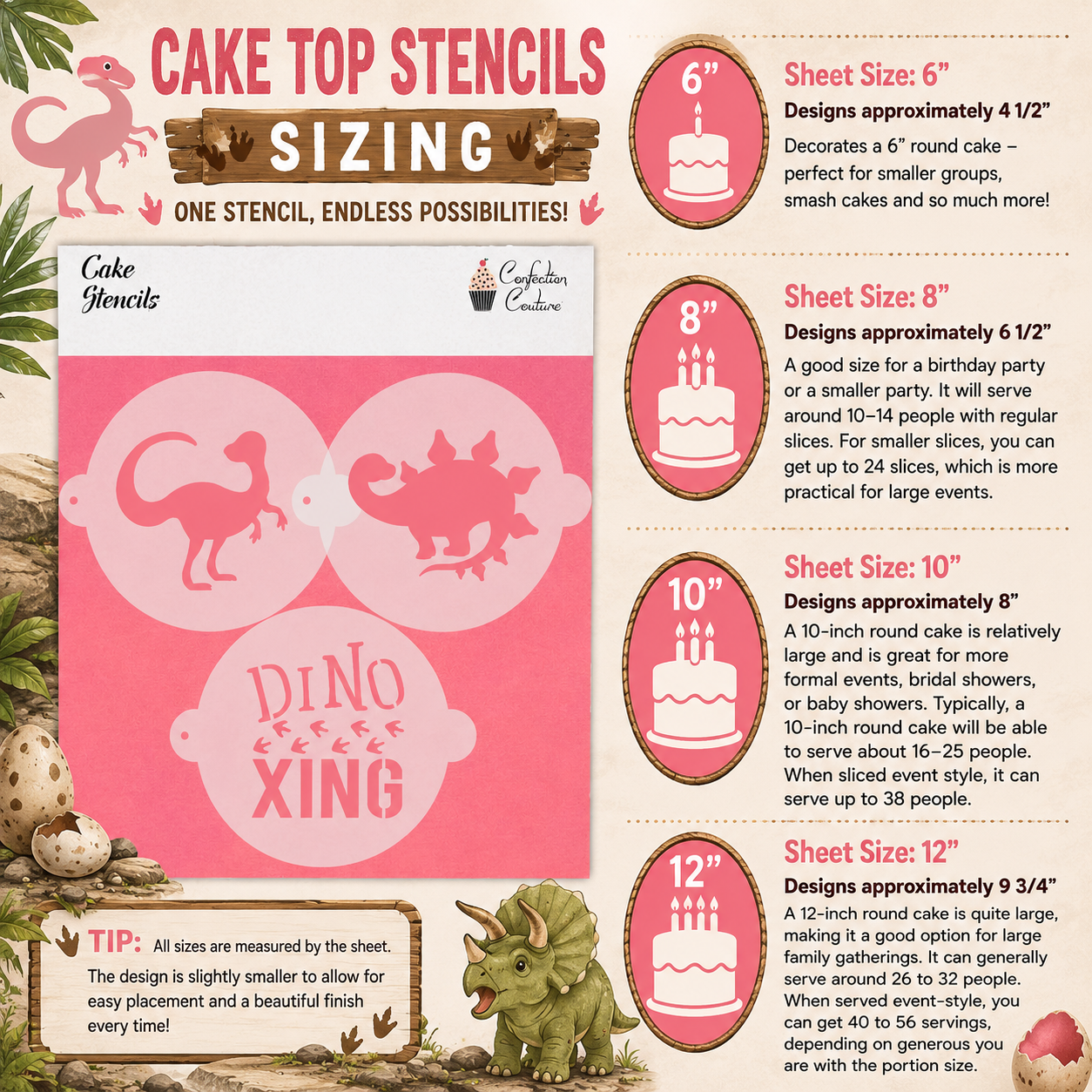 Cake top stencils with dinosaur design and size information on a pink background
