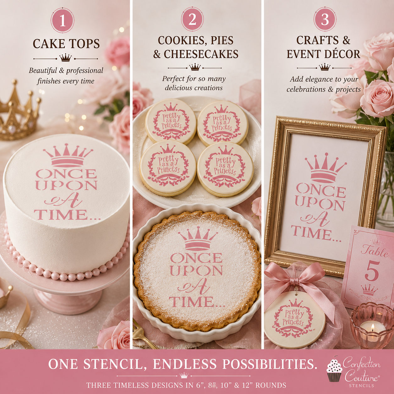 Collage of cake, cookies, pies, and decor items with 'Once Upon a Time' stencils.