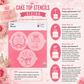 Cake top stencils with sizing chart and product packaging on a pink background with roses.
