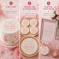 Collection of pink-themed products including a cake, cookies, pies, cheesecakes, and decor items with text on a pink background.