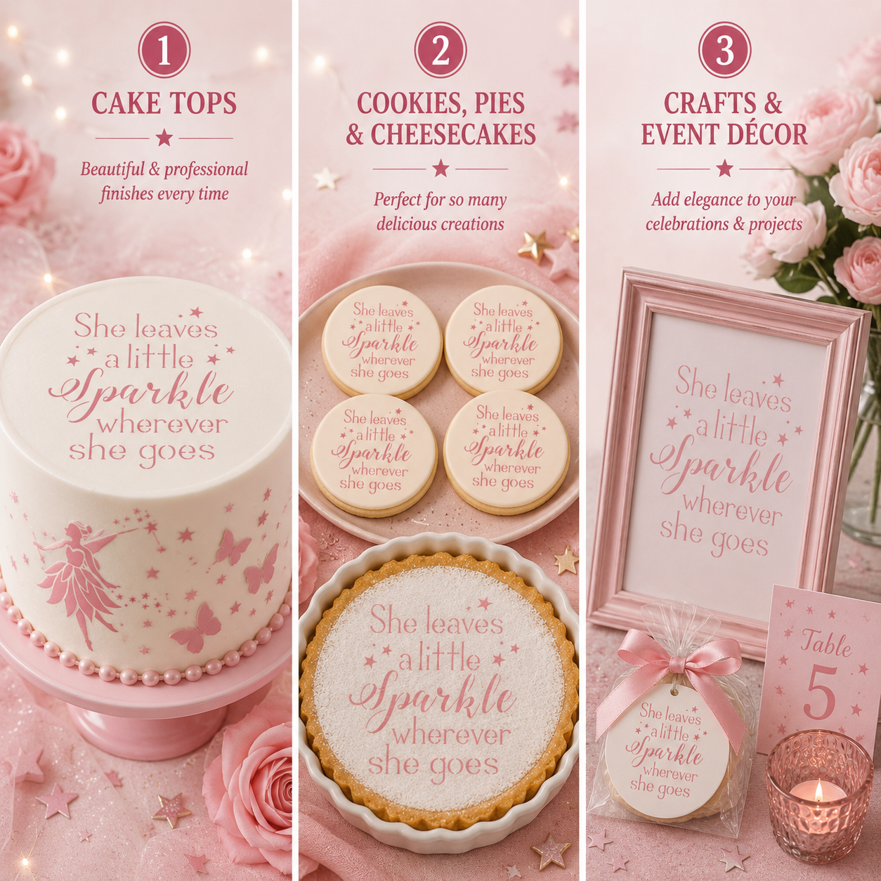 Collection of pink-themed products including a cake, cookies, pies, cheesecakes, and decor items with text on a pink background.