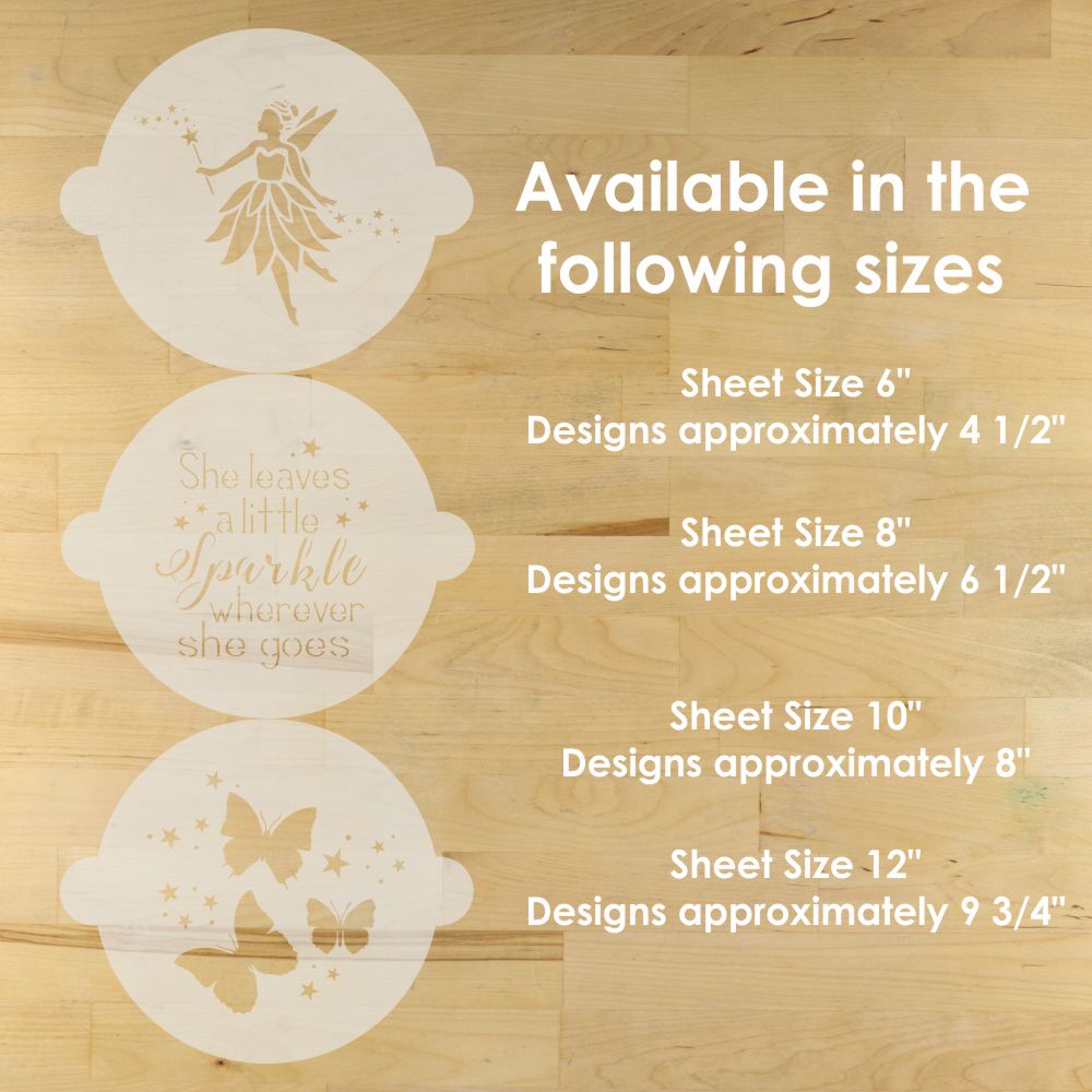 Three decorative stencils with designs on a wooden surface, showing size information.
