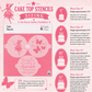 Cake stencil set with fairy and butterfly designs on a pink background, featuring sizing information.