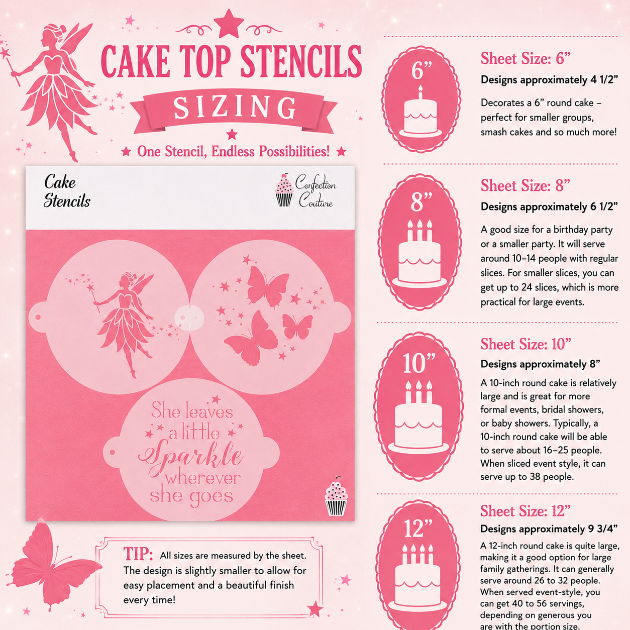 Cake stencil set with fairy and butterfly designs on a pink background, featuring sizing information.