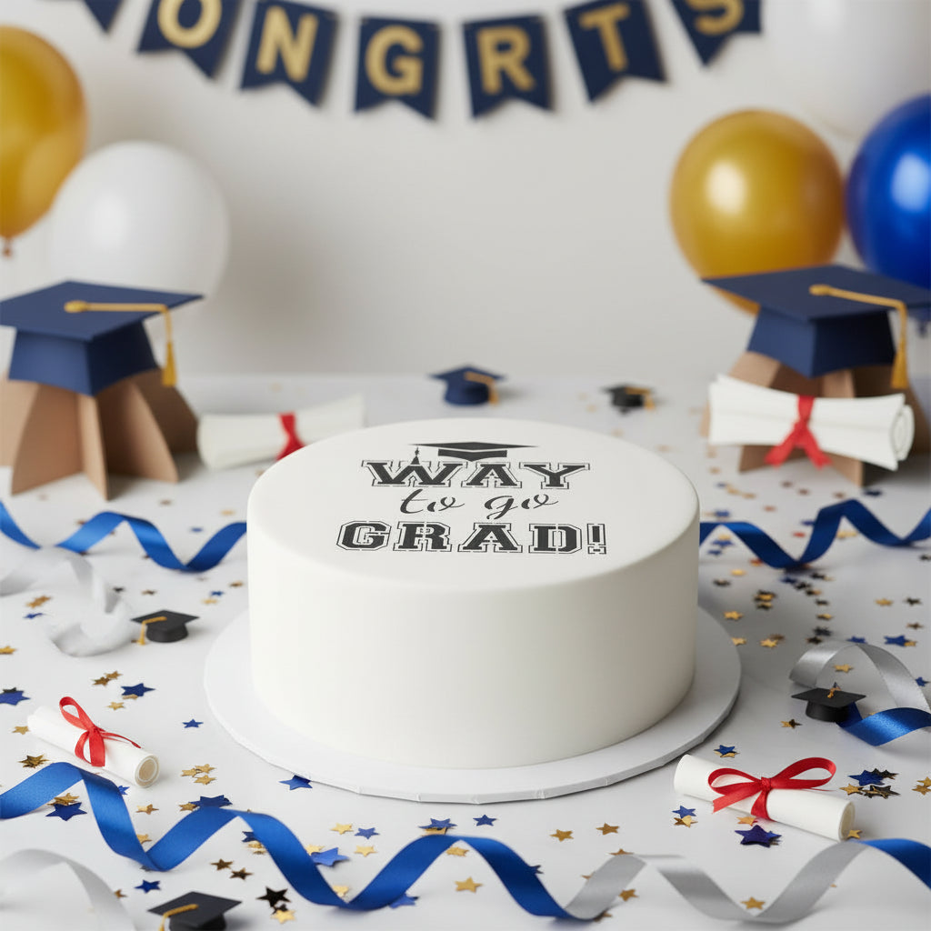 Way to go grad stenciled on the top of cake