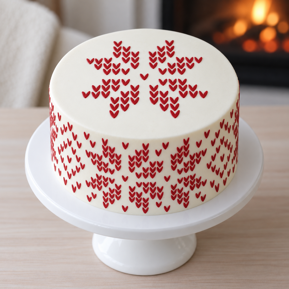 White Christmas cake with red knit-style snowflakes and diamond motifs around the sides and a matching snowflake on top.