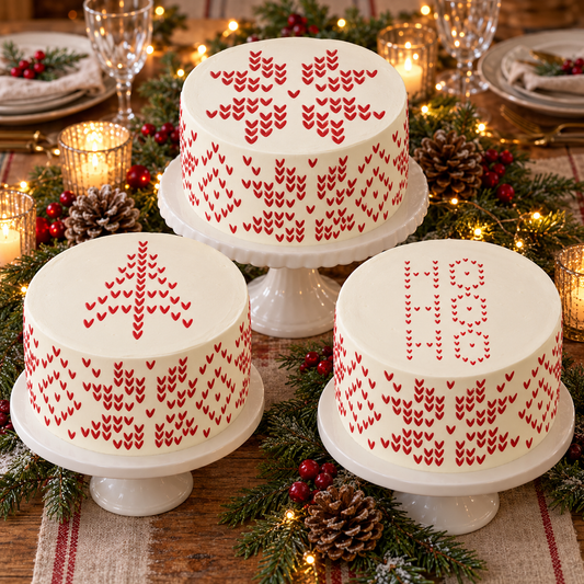 Three white Christmas cakes with red knit-style snowflake, tree and HO HO HO tops, paired with coordinating sweater patterns around the sides.