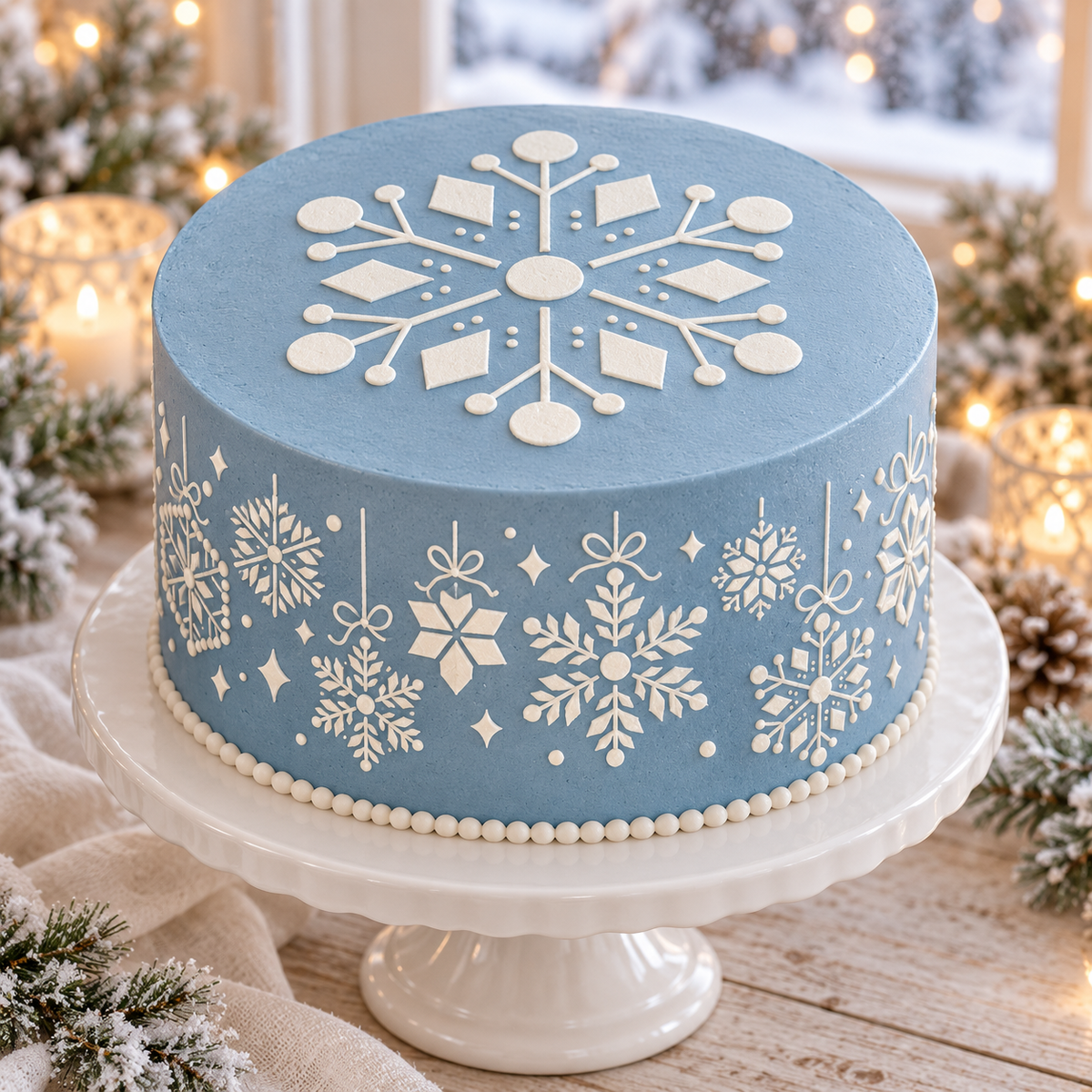 Blue winter cake with white snowflake garland stenciled around the sides and a coordinating geometric snowflake on top.