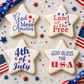 Star-shaped cookies with 4th of July-themed text on a decorative background with American flags and stars.