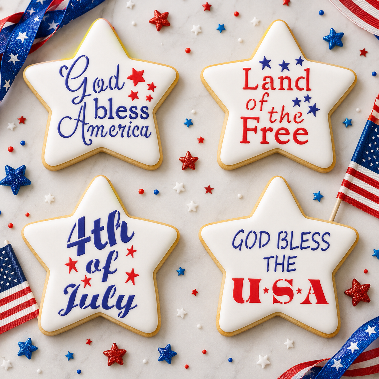 Star-shaped cookies with 4th of July-themed text on a decorative background with American flags and stars.