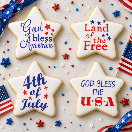 Star-shaped cookies with 4th of July-themed text on a decorative background with American flags and stars.