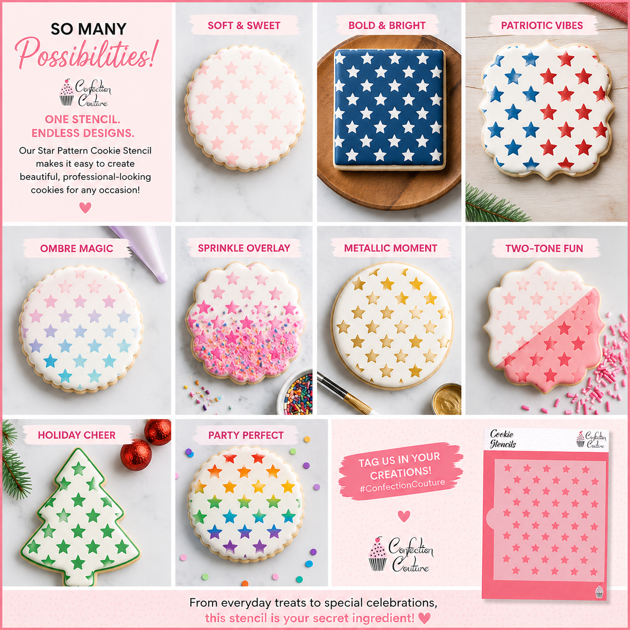 Collage of decorated cookies using a star pattern cookie stencil with various designs.