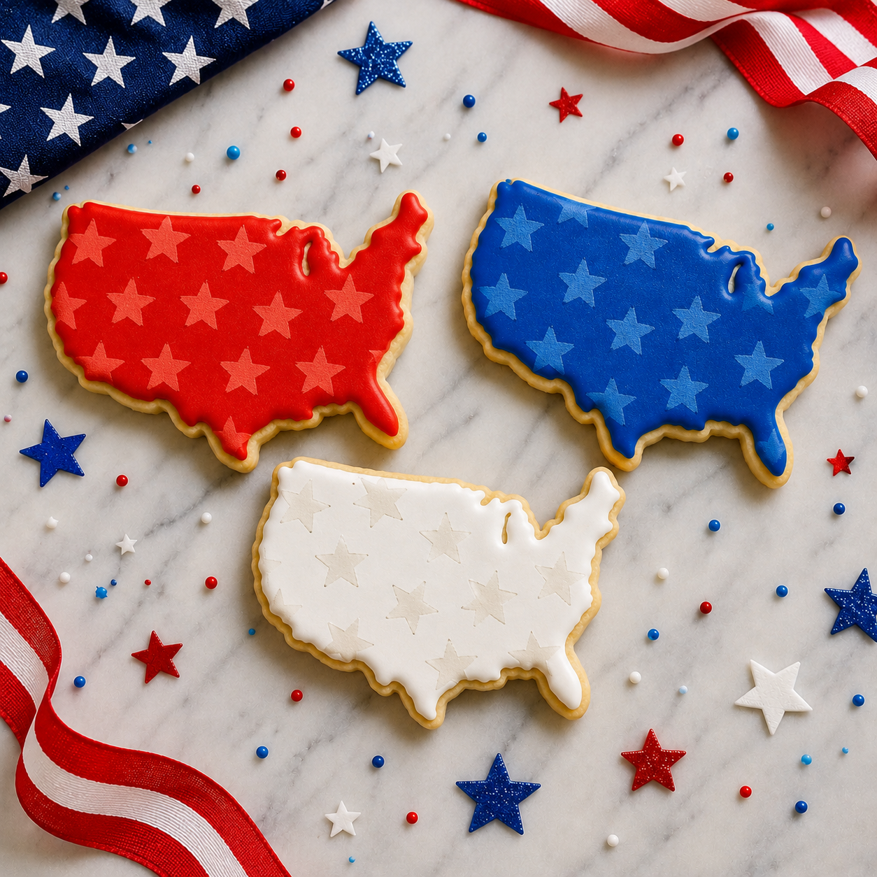 Three cookies shaped like the United States with red, white, and blue icing on a marble surface with American flags and stars.