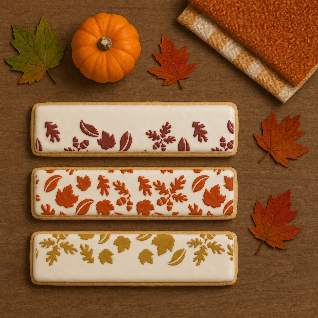 Three rectangular white cookies decorated with autumn leaf patterns in red, orange, and gold, arranged on a wooden surface with a small pumpkin, fall leaves, and a folded orange-and-beige striped cloth.