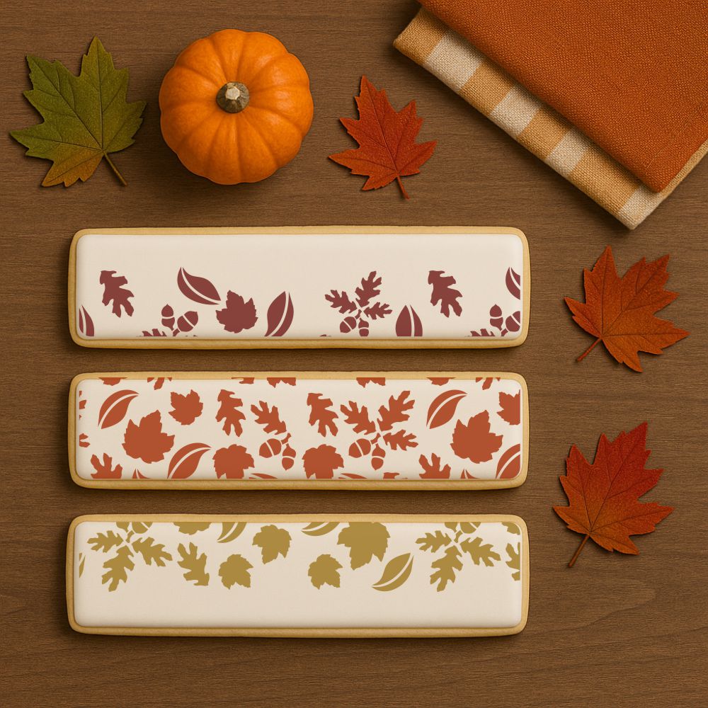 Cookie Sticks decorated with the Fall Leaves Background and allover pattern cookie stencil