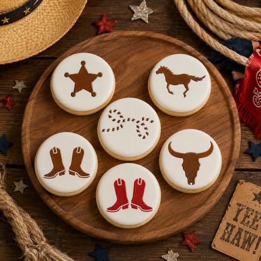 Cowboy Cookie Stencil Set featuring western-themed designs for decorating rodeo, cowboy birthday, ranch, and country party cookies.