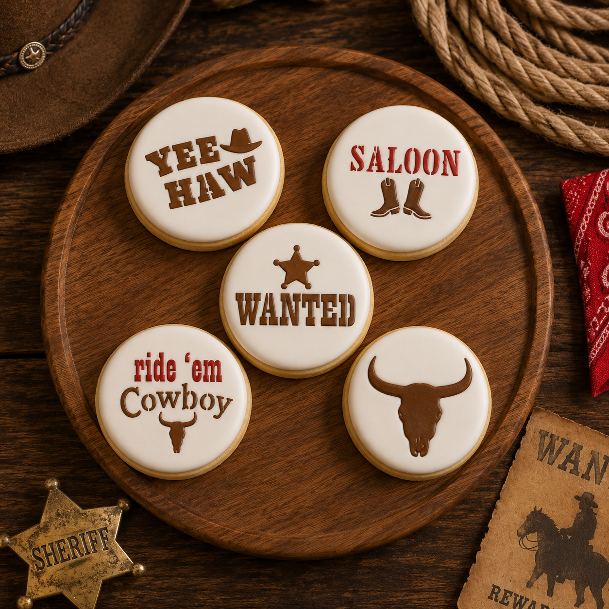 Five round sugar cookies decorated with western-themed designs, arranged on a round wooden platter. The cookies feature white icing backgrounds with brown and red details: 'YEE HAW' with a cowboy hat, 'SALOON' with boots, 'WANTED' with a star, 'ride 'em Cowboy' with a bull skull, and a brown bull skull cookie.