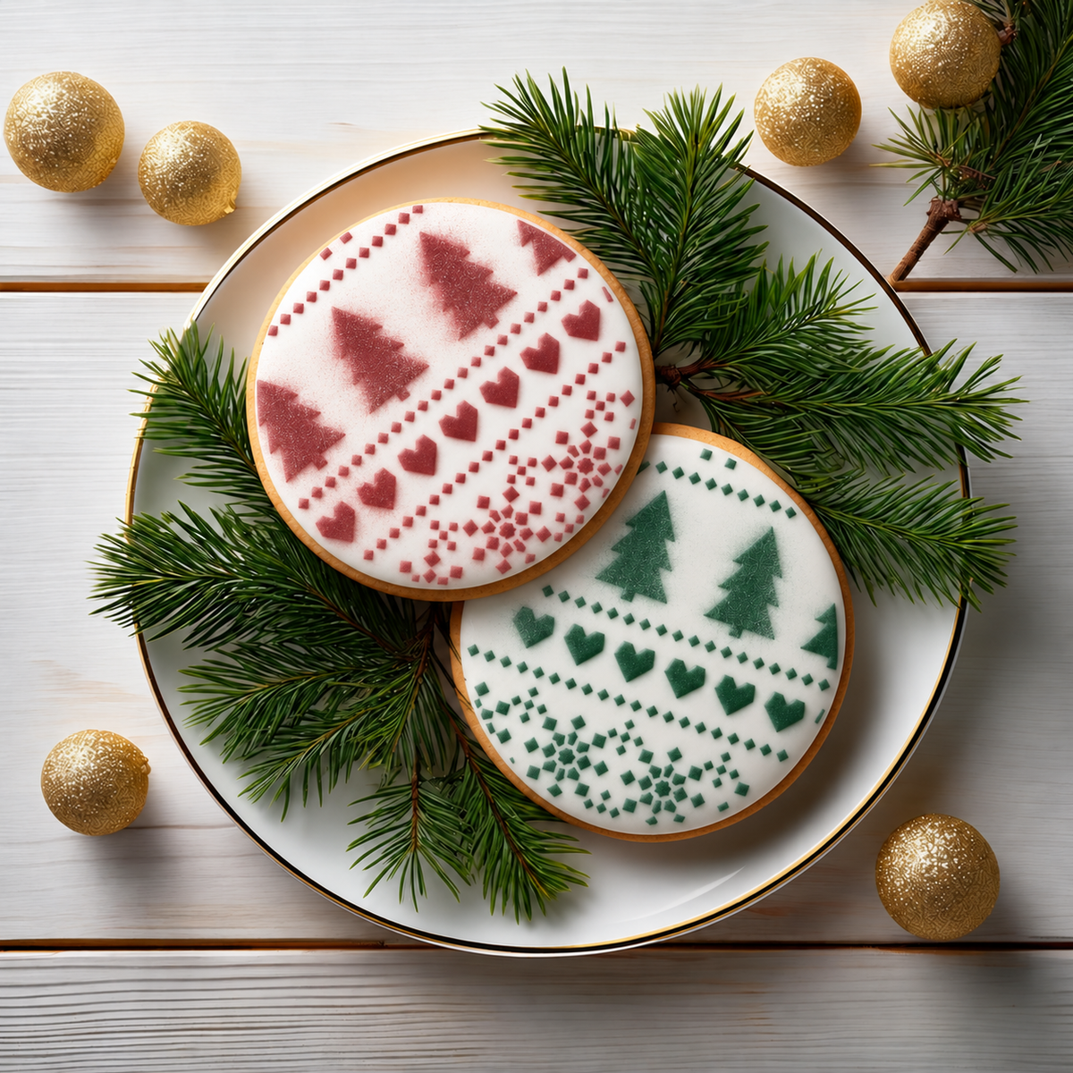 The Holiday Fair Isle Cookie Stencil airbrushed onto round, white flooded cookies.