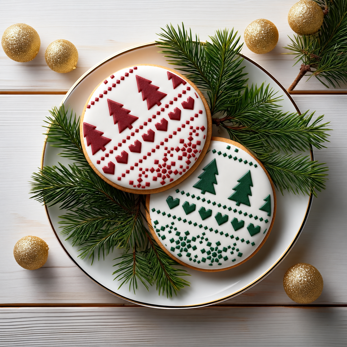Cookies stenciled with royal icing using the Holiday Fair Isle Cookie Stencil 