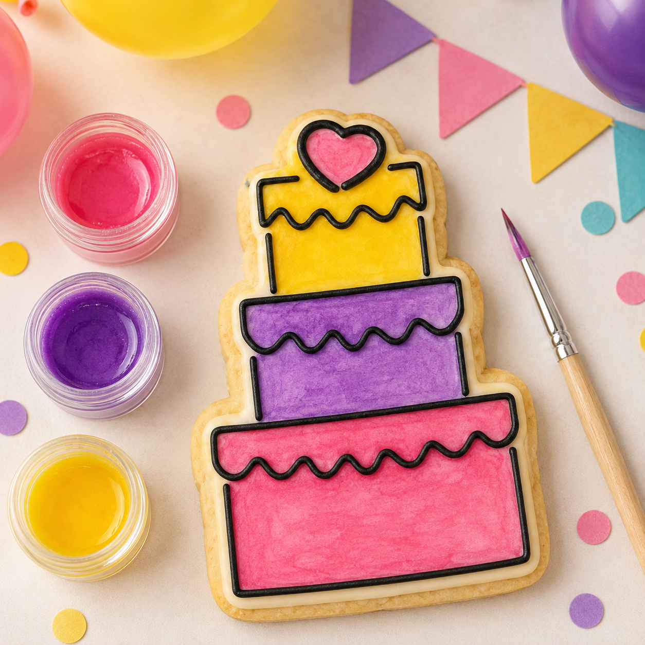 Cake Shaped Paint Your own cookie that has been painted with food coloring with a birthday party backdrop
