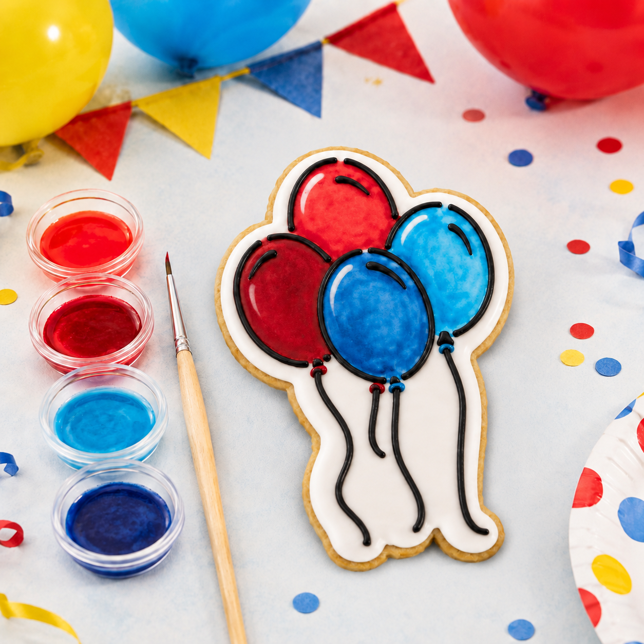 A decorated sugar cookie shaped like balloons, shown on a party-themed tabletop with small paint cups, a paintbrush, balloons, bunting, and confetti.