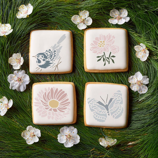 Spring Designs Cookie Stencil applied to white iced cookies
